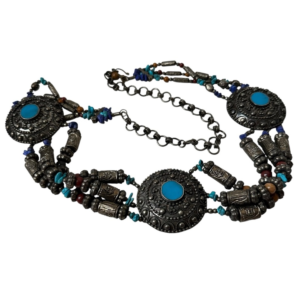 Vintage Turquoise Inlay Chain Belt Boho Bohemian Beaded Western Tribal
